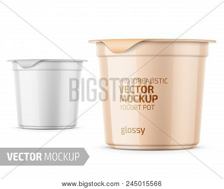 Round Glossy Plastic Pot With Foil Cover For Yogurt, Cream, Dessert Or Jam. 125 Ml. Photo-realistic 