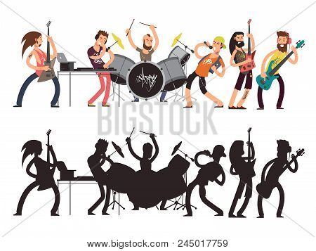 Music Performance With Young Musicians. Rock Concert Vector Flat Concept. Set Of Cartoon Characters 