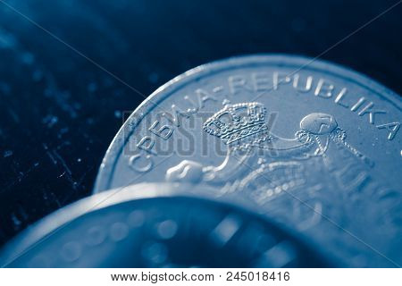 Serbian Coin Dinar Macro View. Serbia Money Currency, Rsd.