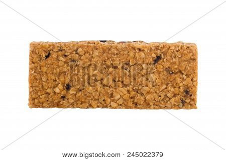 Top View Closeup Of One Cereal Granola Bar With Nuts And Fruit Berries Isolated On White Background
