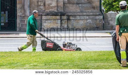 Municipal Gardeners Mowing The Grass In The City Center
