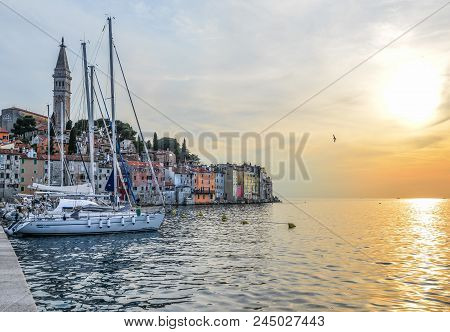 Rovinj, Croatia - May 22, 2018: Coastal Town Of Rovinj, Istria, Croatia. Rovinj - Beautiful Antique 