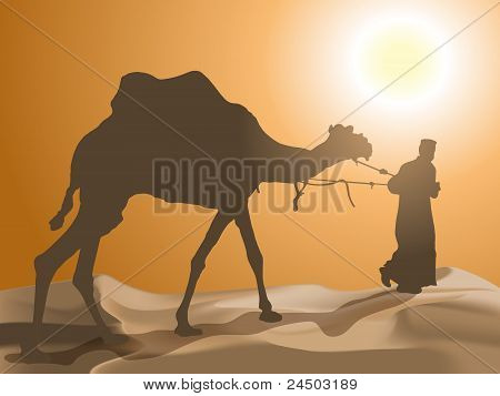 Homem e camelo no deserto