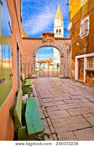 Town Of Visnjan Stone Street Square And Church Vertical View, Istria, Croatia