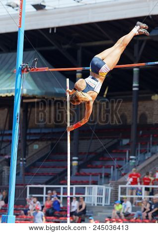 Stockholm, Sweden - Jun 10, 2018: Angelica Bengtsson Jumping In The Pole Vault Competition In Iaaf D