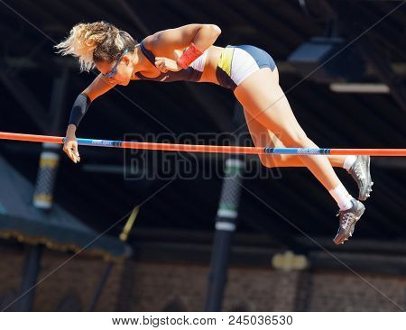 Stockholm, Sweden - Jun 10, 2018: Angelica Bengtsson Jumping In The Pole Vault Competition In Iaaf D