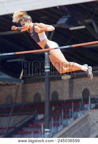 Stockholm, Sweden - Jun 10, 2018: Angelica Bengtsson Jumping In The Pole Vault Competition In Iaaf D