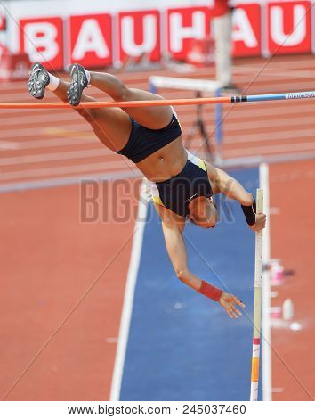 Stockholm, Sweden - Jun 10, 2018: Angelica Bengtsson Jumping In The Pole Vault Competition In Iaaf D