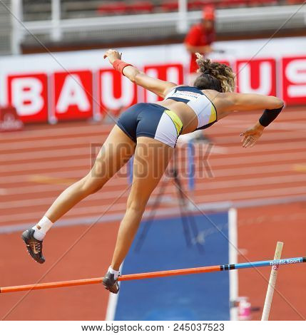 Stockholm, Sweden - Jun 10, 2018: Angelica Bengtsson Jumping In The Pole Vault Competition In Iaaf D
