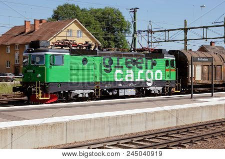 Kristinehamn, Sweden - June 8, 2018: A Green Electric Locomotive Class Rd2 In Service For The Swedis