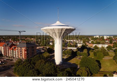 Orebro, Sweden - June 8, 2018: Aerial View Of The Mushroom Shaped Water Tower Svampen With A Restaur