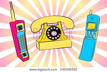 Set Of  Two Old Violet And Blue Retro Retro Vintage Hipster Vintage Square First Mobile Phones With 