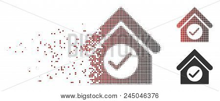 Vector Check Building Icon In Dissolved, Dotted Halftone And Undamaged Solid Versions. Disappearing 