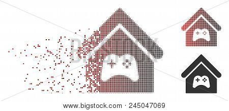 Vector Game Center Building Icon In Dissolved, Dotted Halftone And Undamaged Whole Versions. Disinte