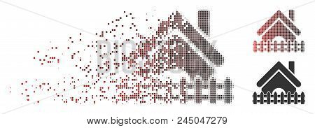 Vector Home Fence Icon In Fractured, Dotted Halftone And Undamaged Whole Versions. Disintegration Ef