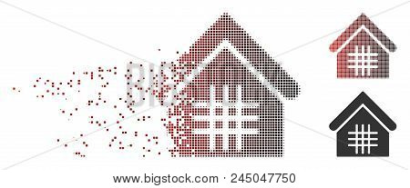 Vector Jail Icon In Dissolved, Dotted Halftone And Undamaged Entire Versions. Disintegration Effect 