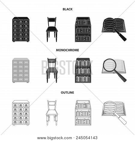Cabinet With Filing Cabinet, Chair, Shelves, Information Search. Library And Bookstore Set Collectio