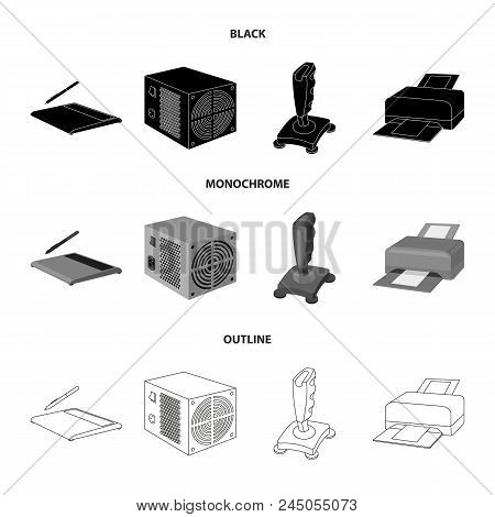 Power Unit, Dzhostik And Other Equipment. Personal Computer Set Collection Icons In Black, Monochrom