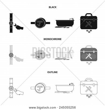 Water Meter, Bath And Other Equipment.plumbing Set Collection Icons In Black, Monochrome, Outline St