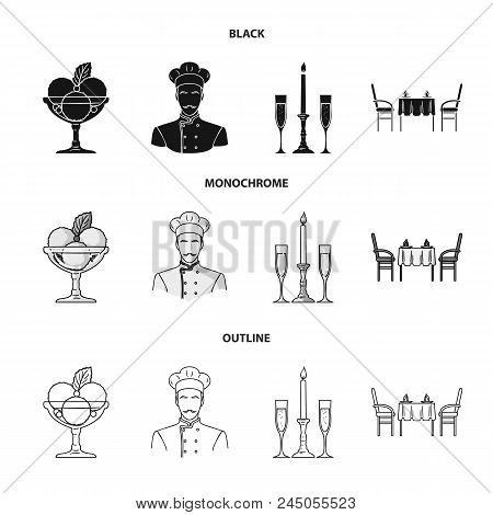Ice Cream With Fruit, Chef, Candle And Glasses, A Covered Table.restaurant Set Collection Icons In B