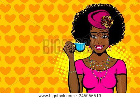 Black Afro Young Woman Pop Art. Elegantly Dressed, In A Beautiful Retro Hat And Fashionable Dress St