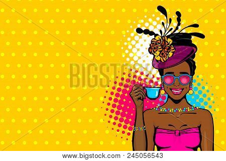 Black Afro Young Woman Pop Art. Elegantly Dressed, In A Beautiful Retro Hat And Fashionable Dress St