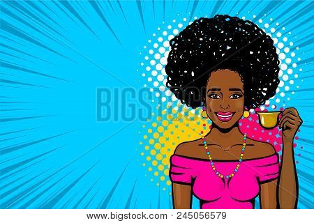 Black Afro Young Woman Pop Art. Elegantly Dressed, In A Beautiful Retro Hat And Fashionable Dress St
