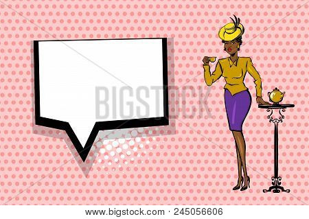 Black Afro Young Woman Pop Art. Elegantly Dressed, In A Beautiful Retro Hat And Fashionable Dress St