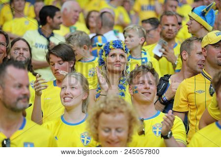 Nice, France - June 22, 2016: Swedish Fans Show Their Support During The Uefa Euro 2016 Game Sweden 
