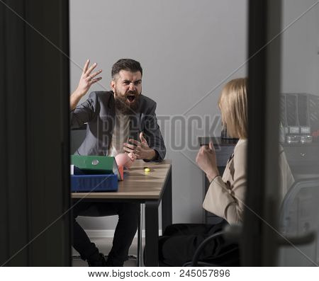 Businessman Blame Financier In Money Crisis. Angry Boss Shout At Accountant In Office. Bearded Man A