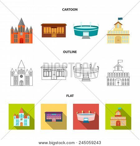 House Of Government, Stadium, Cafe, Church.building Set Collection Icons In Cartoon, Outline, Flat S