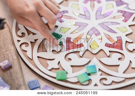Workplace Of The Mosaic Master: Women's Hands Holding Tool For Mosaic Details In The Process Of Maki