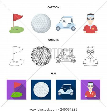 Field With A Hole And A Flag, A Golf Ball, A Golfer, An Electric Golf Cart.golf Club Set Collection 