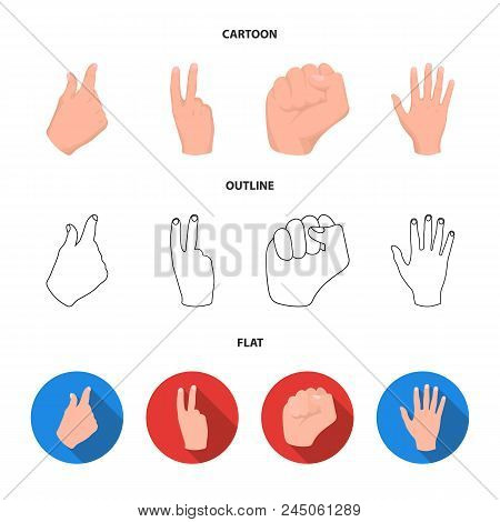 Open Fist, Victory, Miser. Hand Gesture Set Collection Icons In Cartoon, Outline, Flat Style Vector 