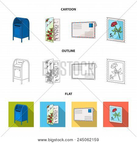 Mailbox, Congratulatory Card, Postage Stamp, Envelope.mail And Postman Set Collection Icons In Carto