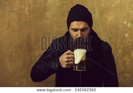 Alcohol, Bad Habits, Addictive, Lifestyle. Bearded Man Or Brutal Hipster With Long Beard And Moustac