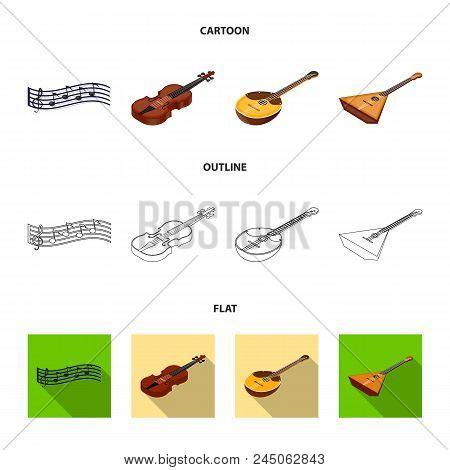 Musical Instrument Cartoon, Outline, Flat Icons In Set Collection For Design. String And Wind Instru