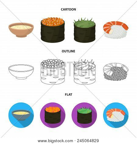 Bowl Of Soup, Caviar, Shrimp With Rice. Sushi Set Collection Icons In Cartoon, Outline, Flat Style V