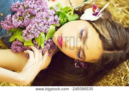 Countryside. Spring Girl Or Woman, With Adorable Face, Rosy Lips, Stylish Makeup, Blue Eyelashes, Ma