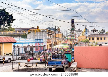 Cuidad Vieja,, Guatemala -  December 7, 2017: Looking Down Over Slightly Smoky Town Fair Celebrating