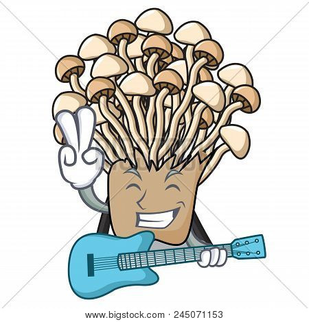 With Guitar Enoki Mushroom Mascot Cartoon Vector Illustration