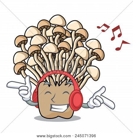 Listening Music Enoki Mushroom Mascot Cartoon Vector Illustration