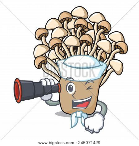 Sailor With Binocular Enoki Mushroom Mascot Cartoon Vector Illustration