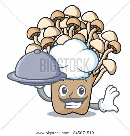 Chef With Food Enoki Mushroom Mascot Cartoon Vector Illustration