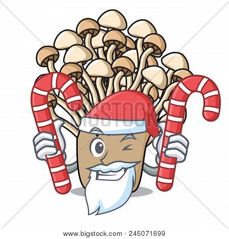 Santa With Candy Enoki Mushroom Mascot Cartoon Vector Illustration
