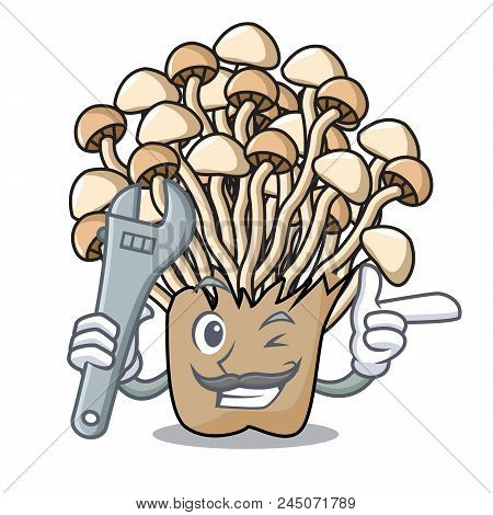 Mechanic Enoki Mushroom Mascot Cartoon Vector Illustration