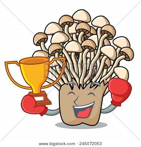 Boxing Winner Enoki Mushroom Mascot Cartoon Vector Illustration