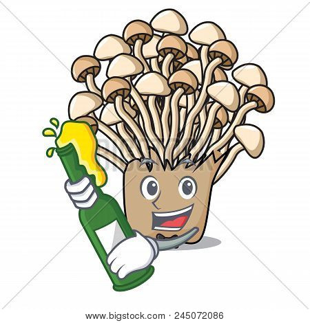 With Beer Enoki Mushroom Mascot Cartoon Vector Illustration
