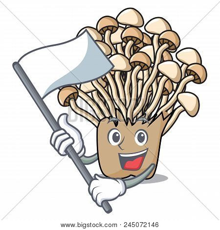 With Flag Enoki Mushroom Mascot Cartoon Vector Illustration