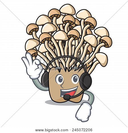 With Headphone Enoki Mushroom Mascot Cartoon Vector Illustration
